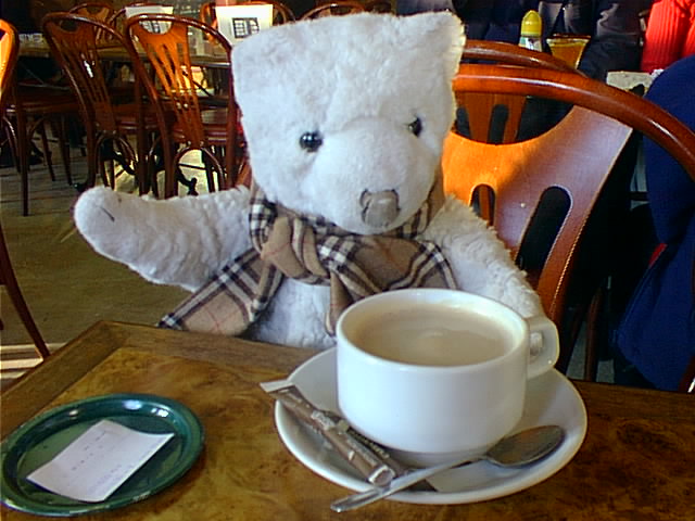 Perry enjoys a French cafe